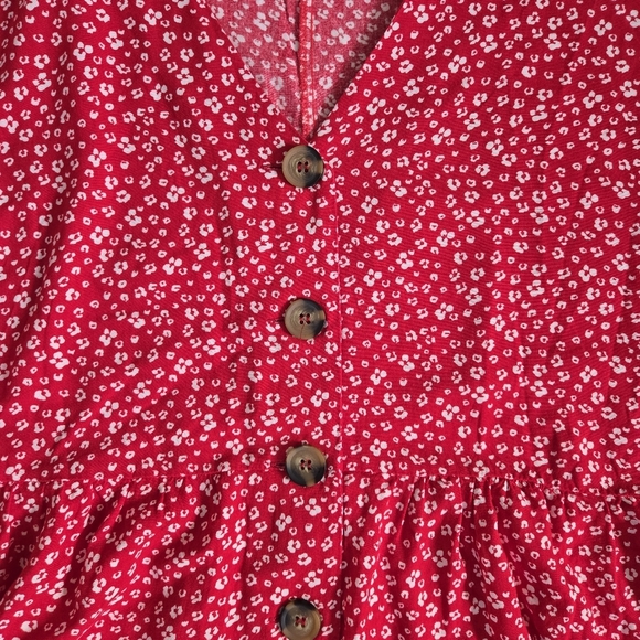 Asos Design red with white floral button down baby doll dress  sz US 4 - Picture 2 of 10